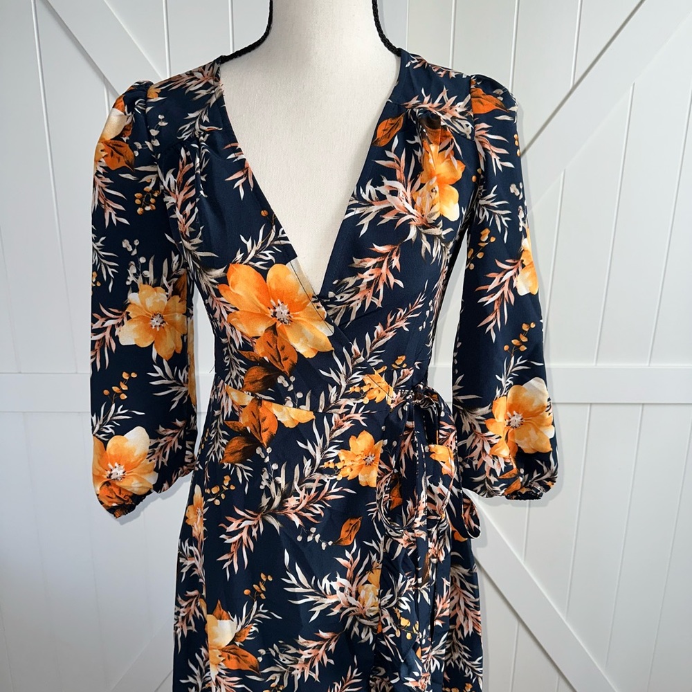 Francesca's Blue Rain NWT Floral Wrap Dress XS Hi-Low Ruffle Boho - Picture 2 of 8